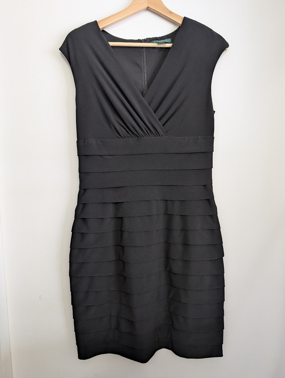 Ralph Lauren Small Formal Dress Black Tiered Layers Fitted Sheath Ruffle Midi